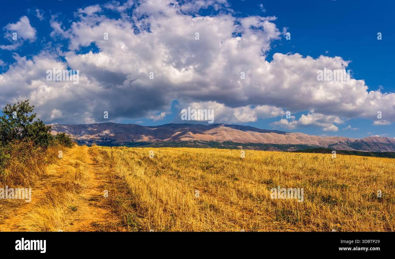 Paesaggio di Dry Mountain con praterie dorate e nuvole spettacolari Foto Stock