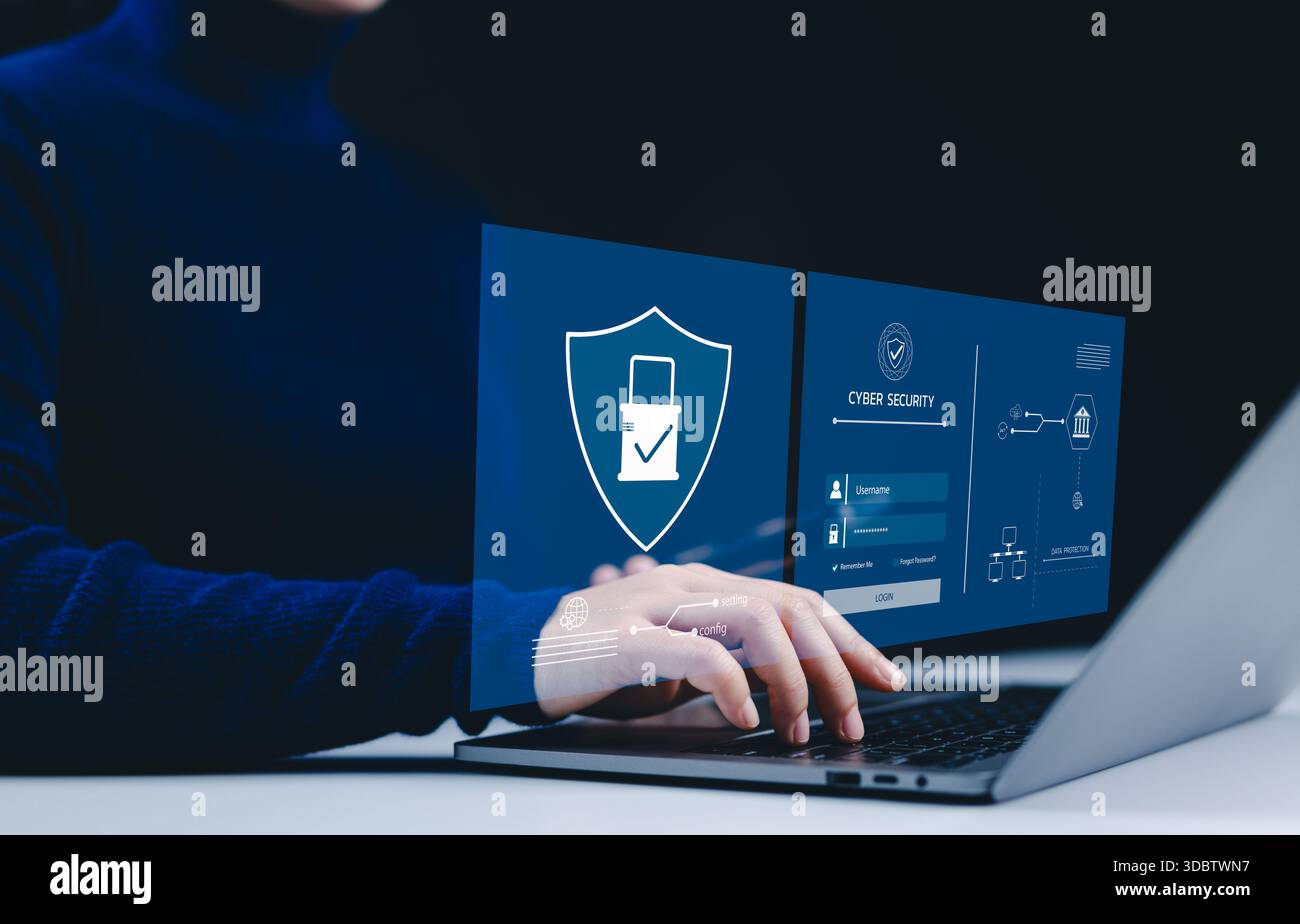 Concetto di protezione della cibersicurezza e sicurezza dei dati. Le icone digitali rappresentano sicurezza informatica, protezione dei dati, crittografia e accesso sicuro. in linea sec Foto Stock