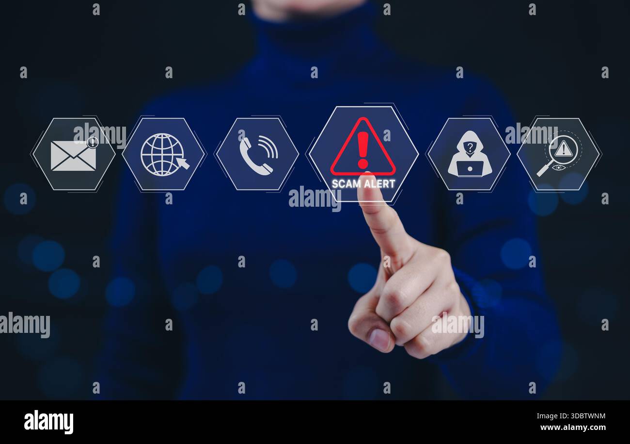 Concetto di avviso di truffa cybersecurity. Avviso di truffa sulla sicurezza informatica, con icone per e-mail, Internet, chiamate, hacking, avvisi, individuazione di frodi, f Foto Stock