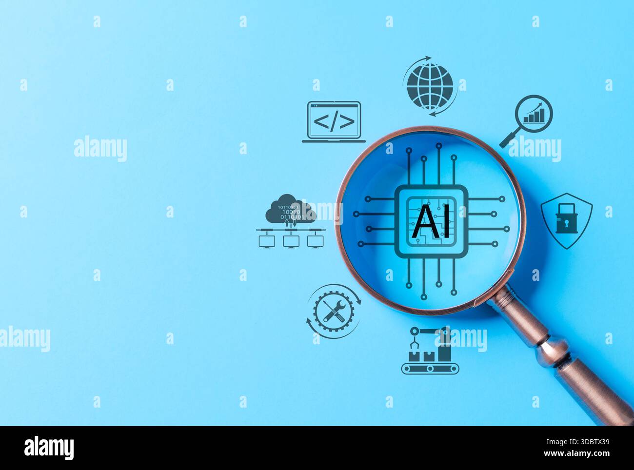 Intelligenza artificiale e innovazione tecnologica. Lente di ingrandimento su chip ai con icone virtuali per intelligenza artificiale, elaborazione dati Foto Stock