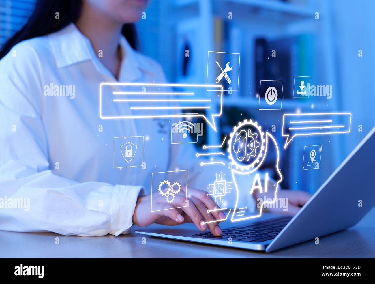 INTELLIGENZA artificiale e concetto di innovazione tecnologica. Professionisti che lavorano su notebook con icone futuristiche di intelligenza artificiale ai, automat Foto Stock