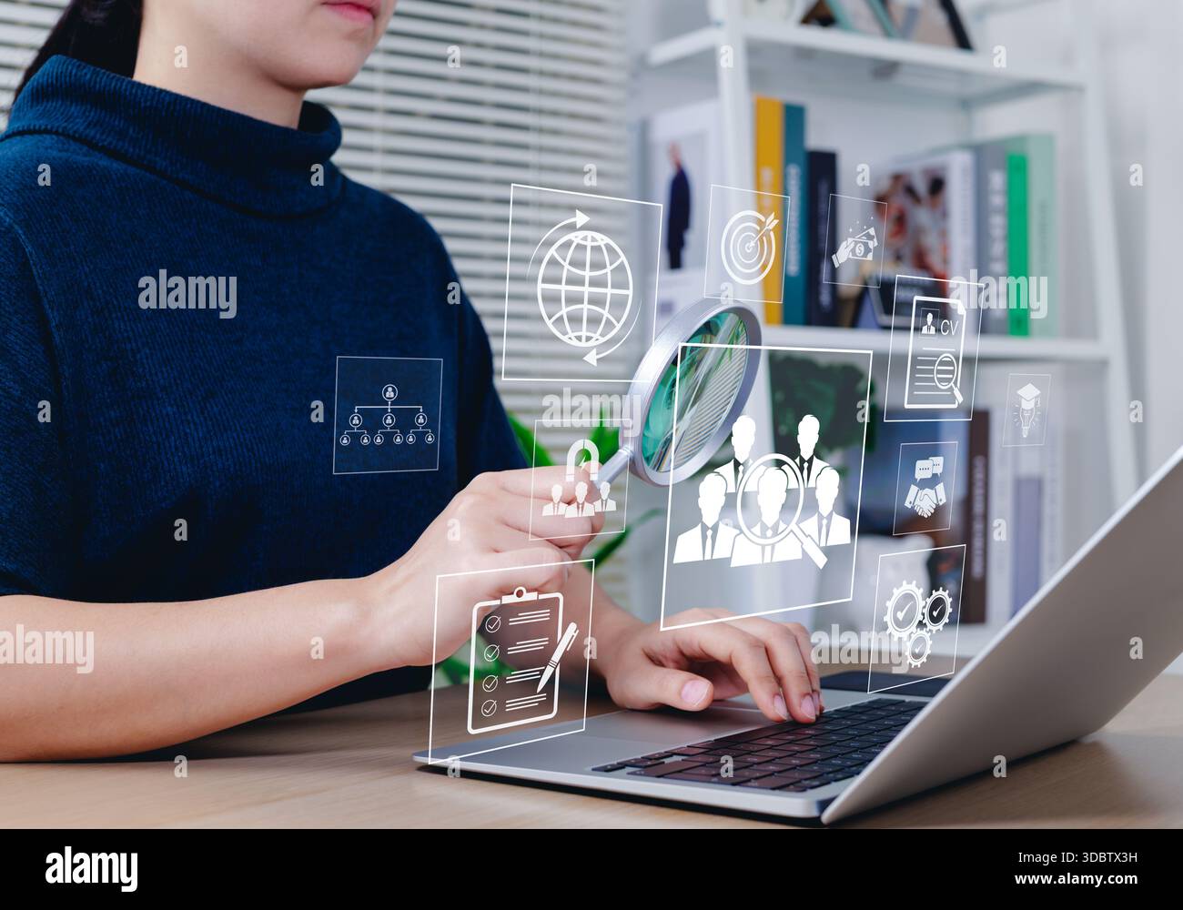 Concetto di ricerca lavoro. HR, processo di reclutamento, icone digitali che rappresentano reclutamento, caccia alla testa, sviluppo di carriera, competenze, qualifica, istruzione Foto Stock