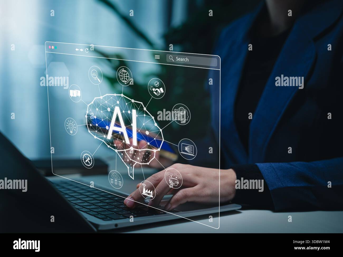 Tecnologia di intelligenza artificiale in ambiente aziendale. Persona che utilizza notebook con icone ai, automazione, analisi dei dati, Agente ai, chatbot, assistenza AI Foto Stock