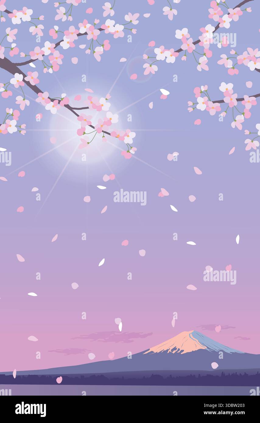 Ramo fiorito di ciliegi in fiore sullo sfondo del monte Fuji. Una cima innevata alla luce del sole. Immagine vettoriale realistica di petali bianchi che cadono. Paesaggio primaverile mattutino in Giappone. Illustrazione Vettoriale