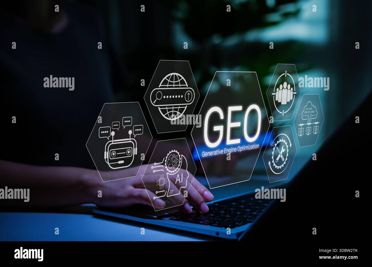 Concetto GEO (Generative Engine Optimization) con icone ai e interfaccia chatbot, che illustrano le moderne strategie di marketing digitale e di motori di ricerca p Foto Stock