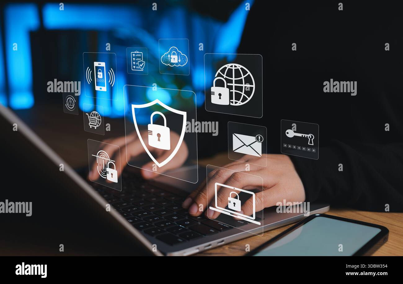 Concetto di protezione della cibersicurezza con accesso sicuro, crittografia cloud, autenticazione biometrica, e-mail, consapevolezza, e icone di sicurezza internet Foto Stock