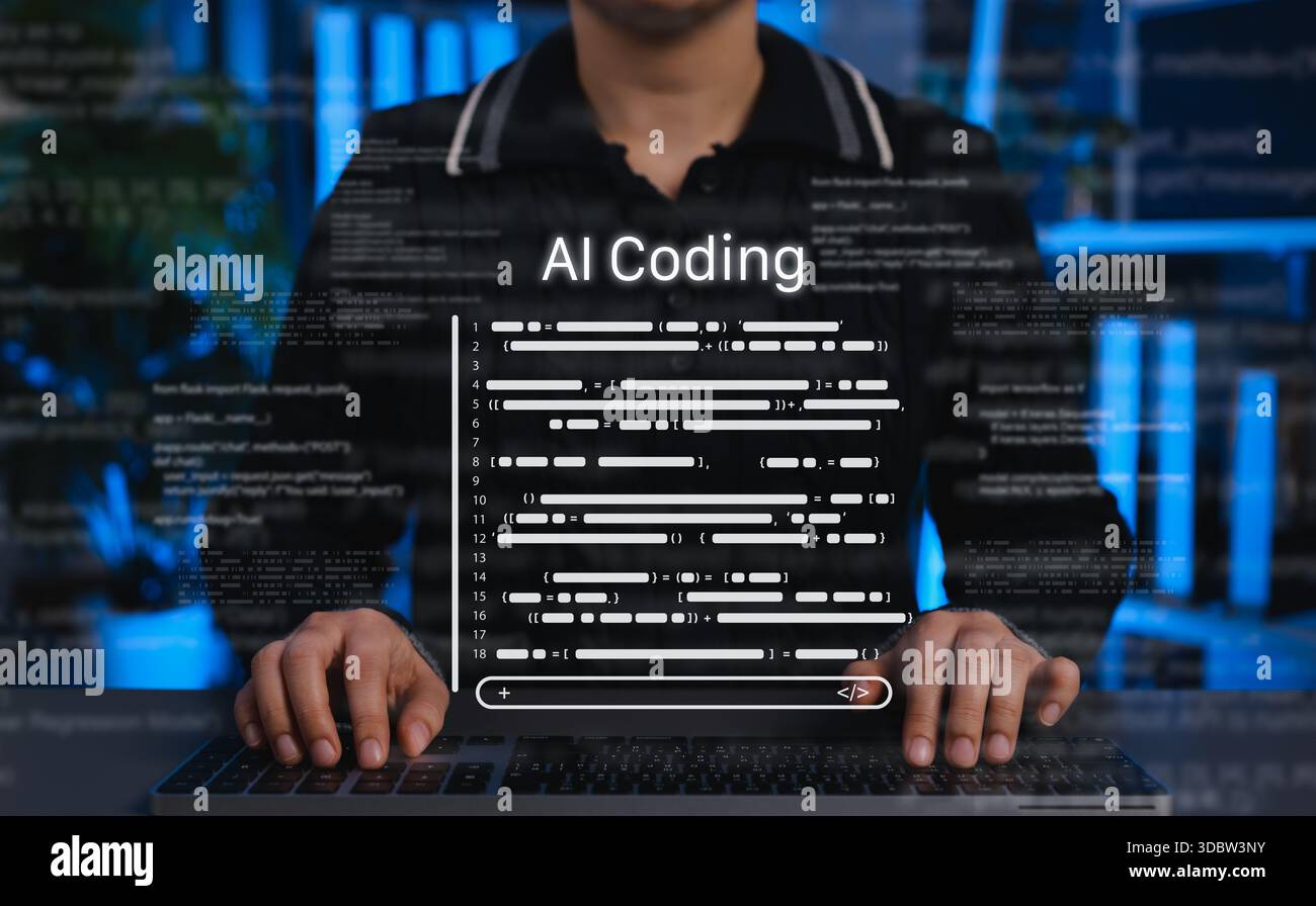 Assistente di codifica IA per la programmazione. Uno sviluppatore che utilizza un'interfaccia di codice virtuale, simboleggia l'intelligenza artificiale nello sviluppo software e nell'automazione Foto Stock