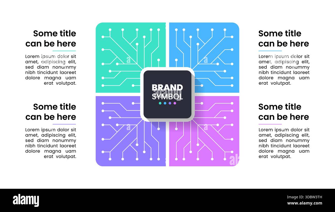 Modello infografico con 4 opzioni o passaggi. Chip. Può essere utilizzato per layout del flusso di lavoro, diagrammi, banner, webdesign. Illustrazione vettoriale Illustrazione Vettoriale