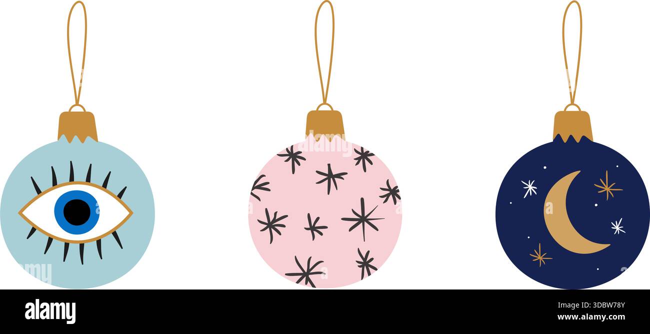 Ornamenti natalizi mistici con Evil Eyes, Moon and Stars Vector Illustration Set Illustrazione Vettoriale