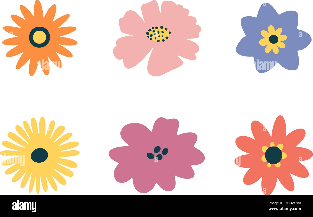 Set di fiori pastello retrò vettoriali piatti trasparenti Illustrazione Vettoriale