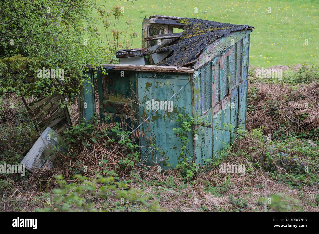 I resti di una vecchia baracca di legno nel Derbyshire, in Inghilterra Foto Stock