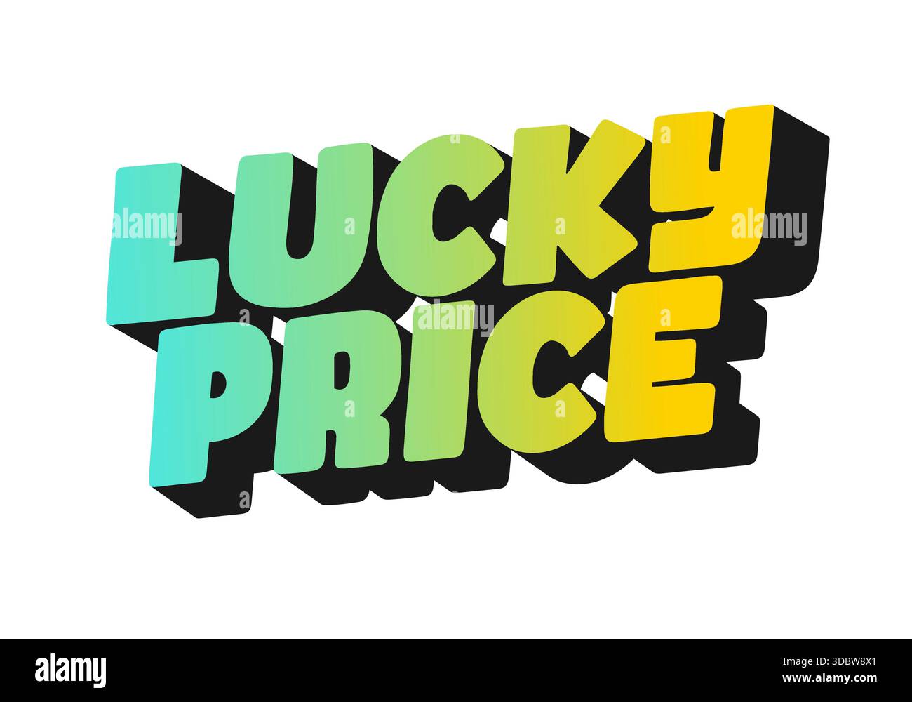 Grafica testuale colorata e audace con le parole Lucky Price in un carattere giocoso. Le lettere sono in tonalità di verde e giallo con un effetto ombra Illustrazione Vettoriale