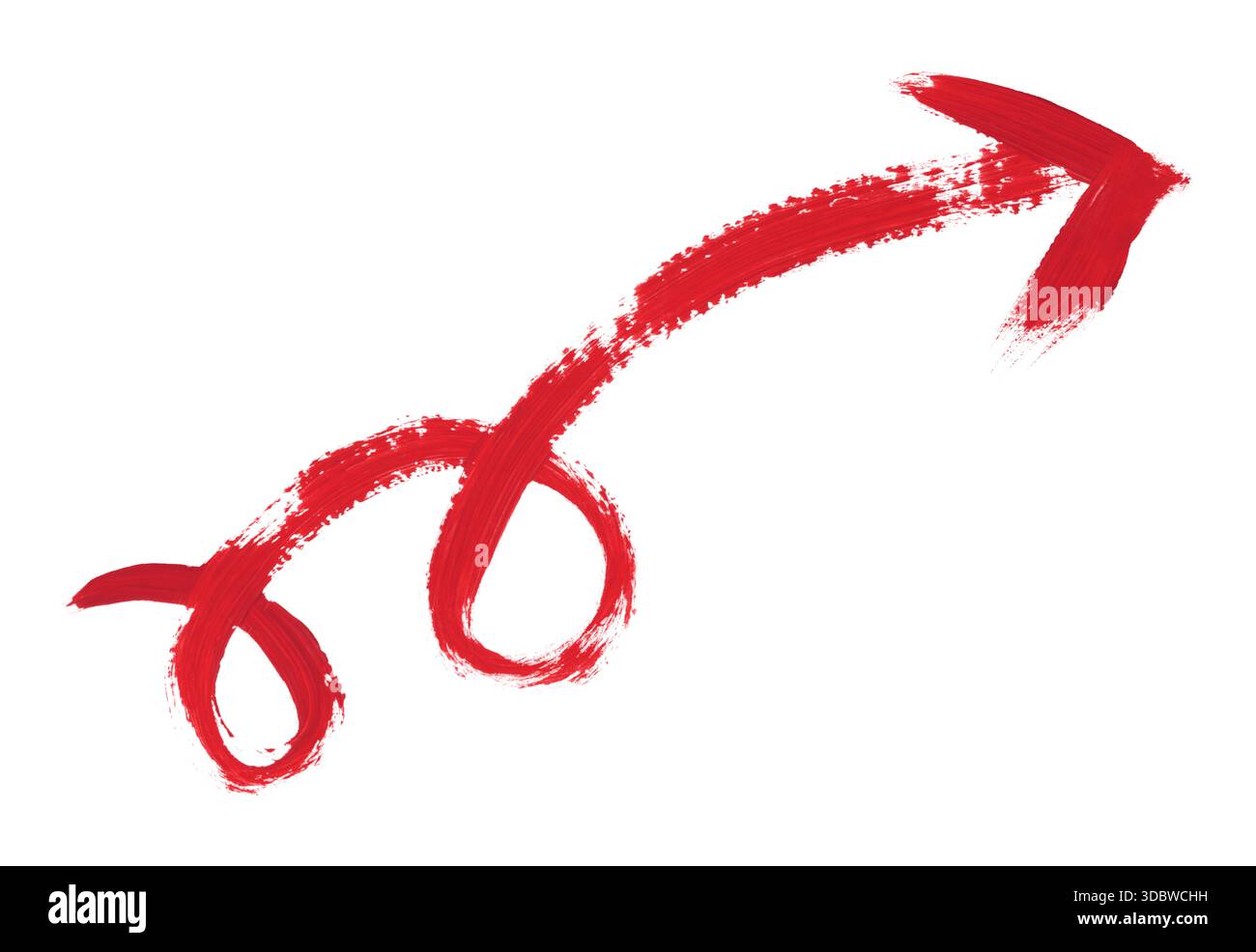 Freccia curva rossa dipinta a mano con tratti di pennello, isolata su sfondo trasparente. Design ideale ed elemento infografico per layout creativi Foto Stock