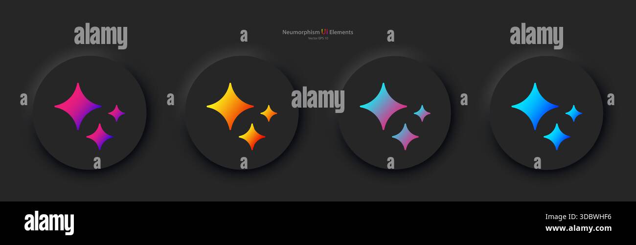 Un set di quattro pulsanti rotondi neri con un segno di intelligenza artificiale in diversi colori. Bottoni in stile pneumatico. Illustrazione Vettoriale
