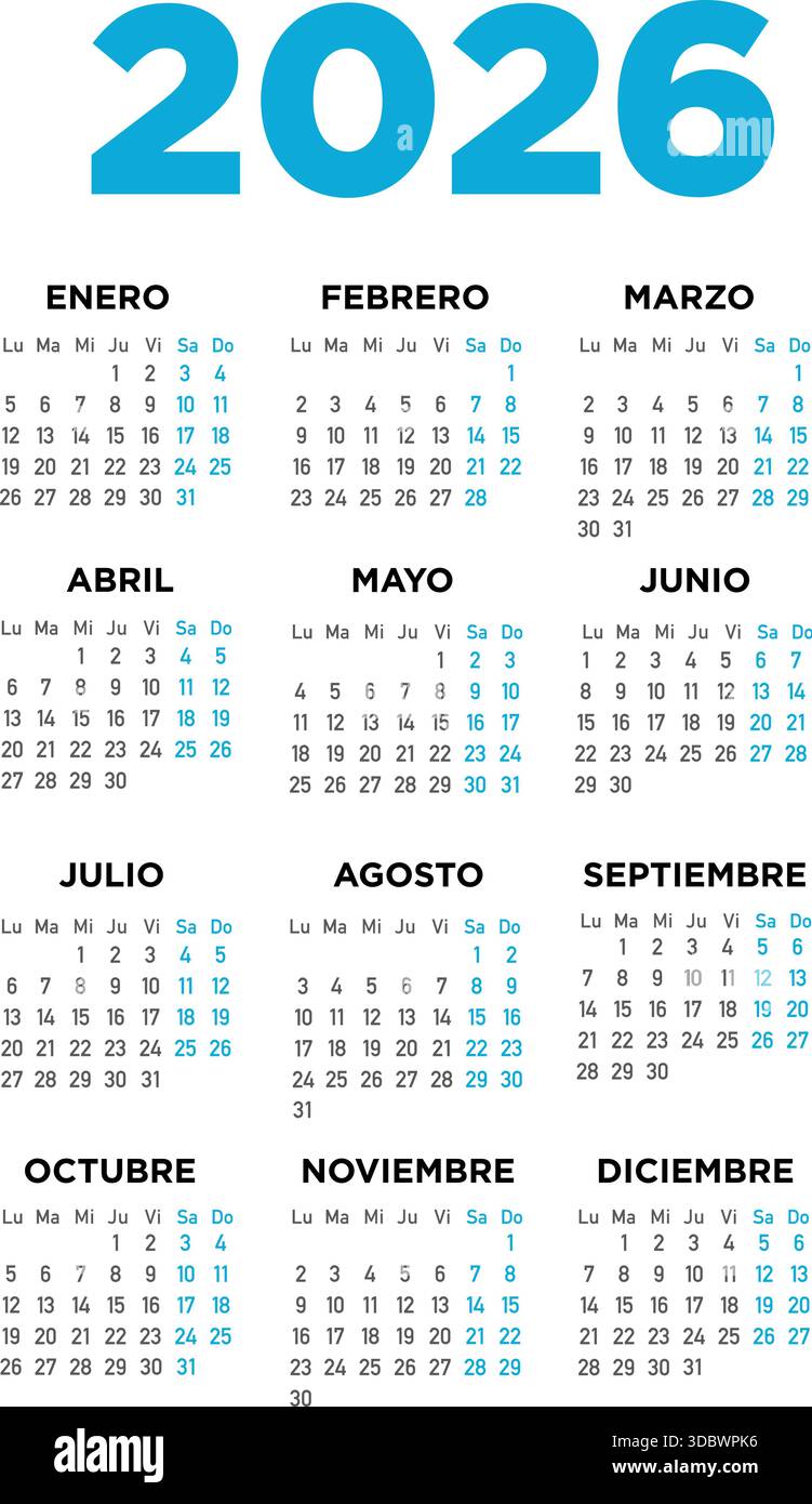 Un ampio calendario visualizza l'anno 2026. Ogni mese è strutturato in modo chiaro con date evidenziate in formato griglia per una facile lettura. Illustrazione Vettoriale