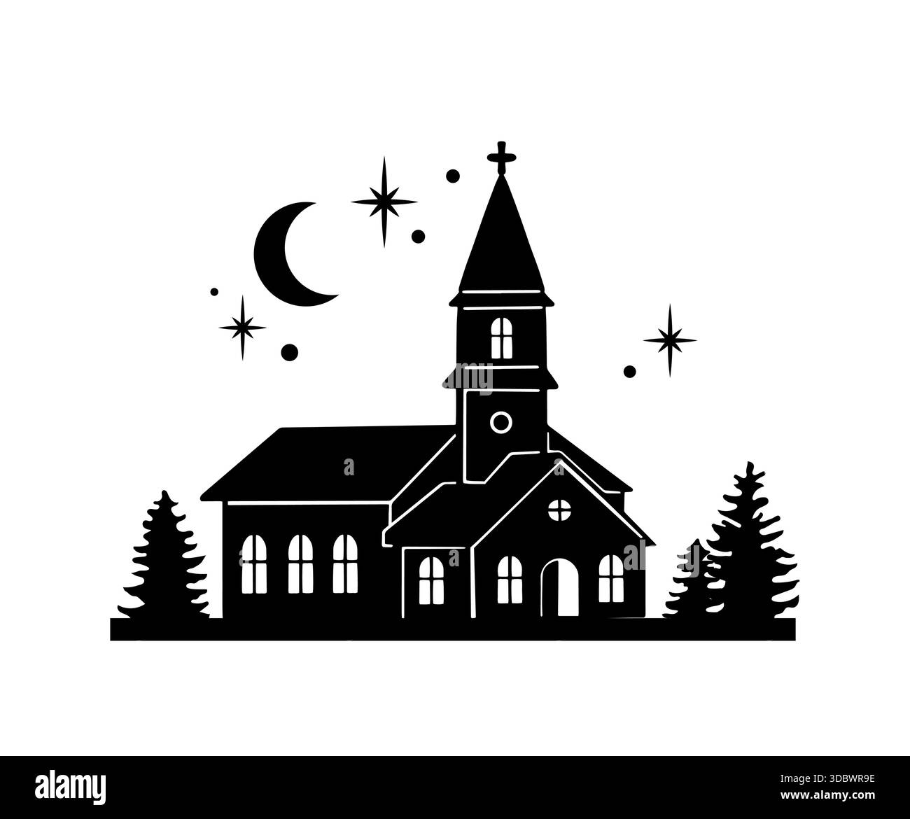 Bella silhouette vettoriale della chiesa. Chiesa invernale su sfondo bianco. chiesa con alberi. Artigianato natalizio e illustrazione festiva. Illustrazione Vettoriale
