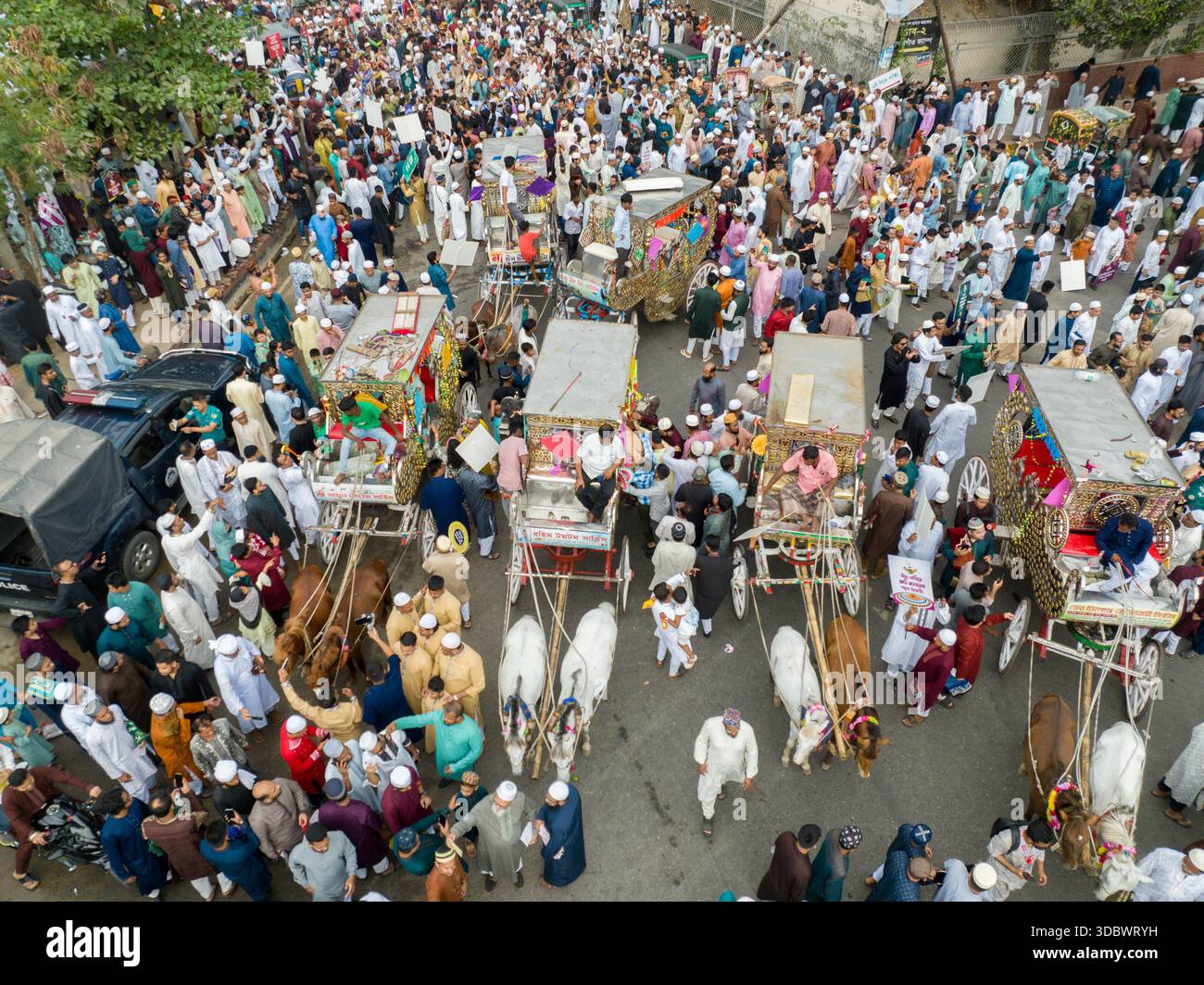 Veduta aerea di una strada trafficata piena di carri vivacemente decorati tirati da tori bianchi in mezzo a un mare di persone, Dacca, Divisione di Dacca, Bangladesh Foto Stock