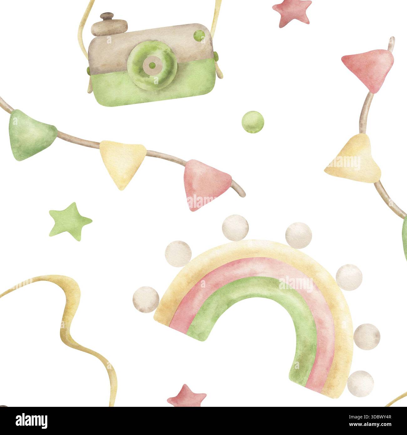 Motivo senza cuciture con giocattoli ecologici per il bambino. L'illustrazione con una macchina fotografica in legno, un arcobaleno e bandiere è disegnata a mano in acquerello. Per la stanza dei bambini Foto Stock