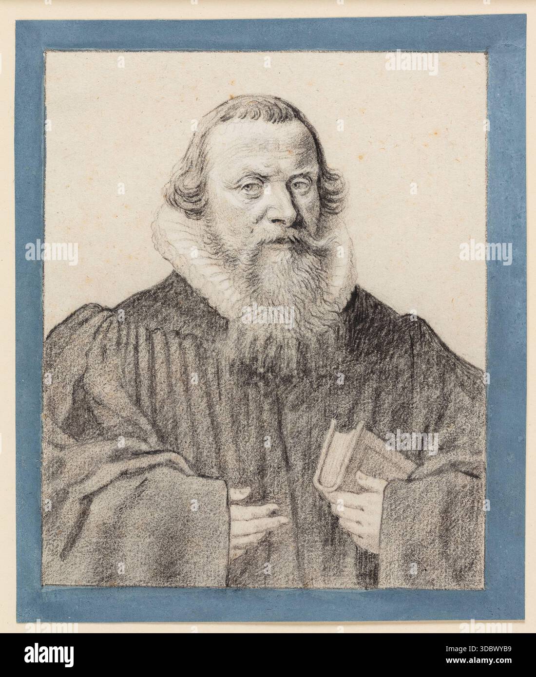 Ritratto di un sacerdote con libro nella mano sinistra (Portræt af en gejstlig med bog i venstre hånd) che mostra un chierico barbuto in abito formale con un libro, reso in un disegno monocromatico dettagliato. Opere d'arte di Lucas Kilian, create tra la fine del XVI e l'inizio del XVII secolo. Foto Stock