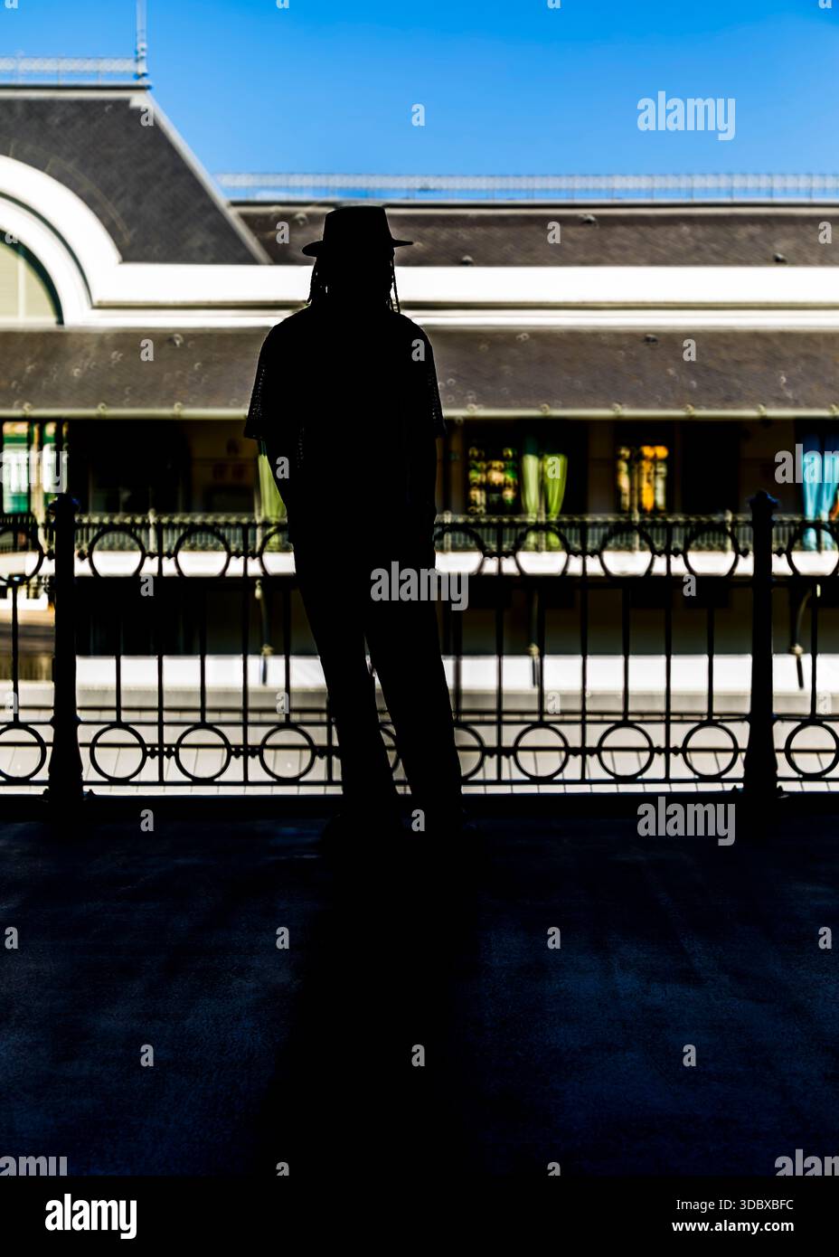 Una figura sagomata si erge su un balcone, affacciato su un edificio con un cielo blu sullo sfondo. Foto Stock