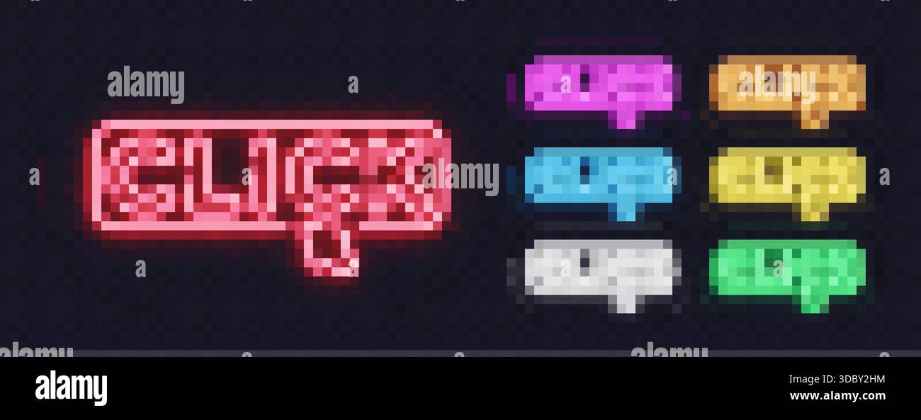 Una vivace collezione di insegne al neon-click brilla in più colori e aggiunge un tono divertente. Ogni variante luminosa dona al design un design dinamico e moderno Illustrazione Vettoriale