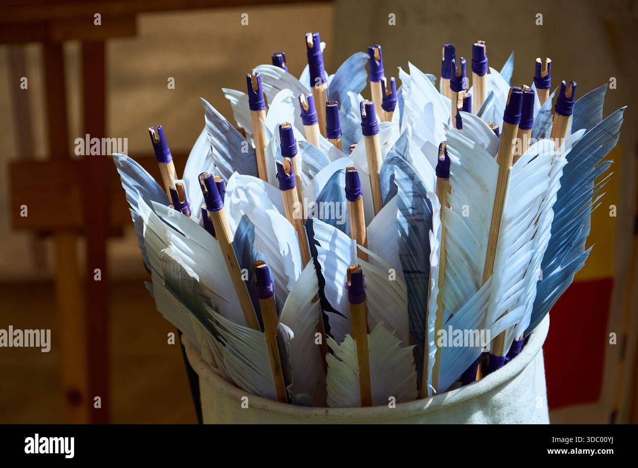 Molte frecce sfumate blu raggruppate saldamente all'interno di una faretra Foto Stock