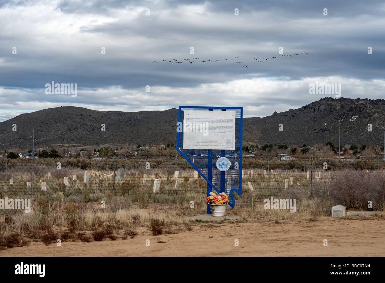 Monumento storico al cimitero della Stewart Indian School riguardante i tessitori del Great Basin. Presenta lapidi bianche e lontane colline desertiche. Foto Stock