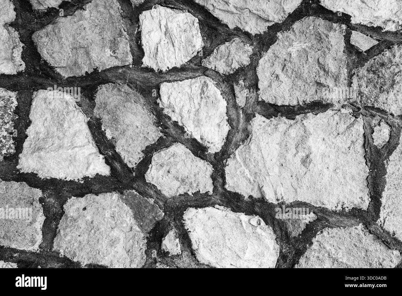 Primo piano in bianco e nero di muratura e consistenza in pietra locale presso la storica Stewart Indian School di Carson City, Nevada, Stati Uniti Foto Stock