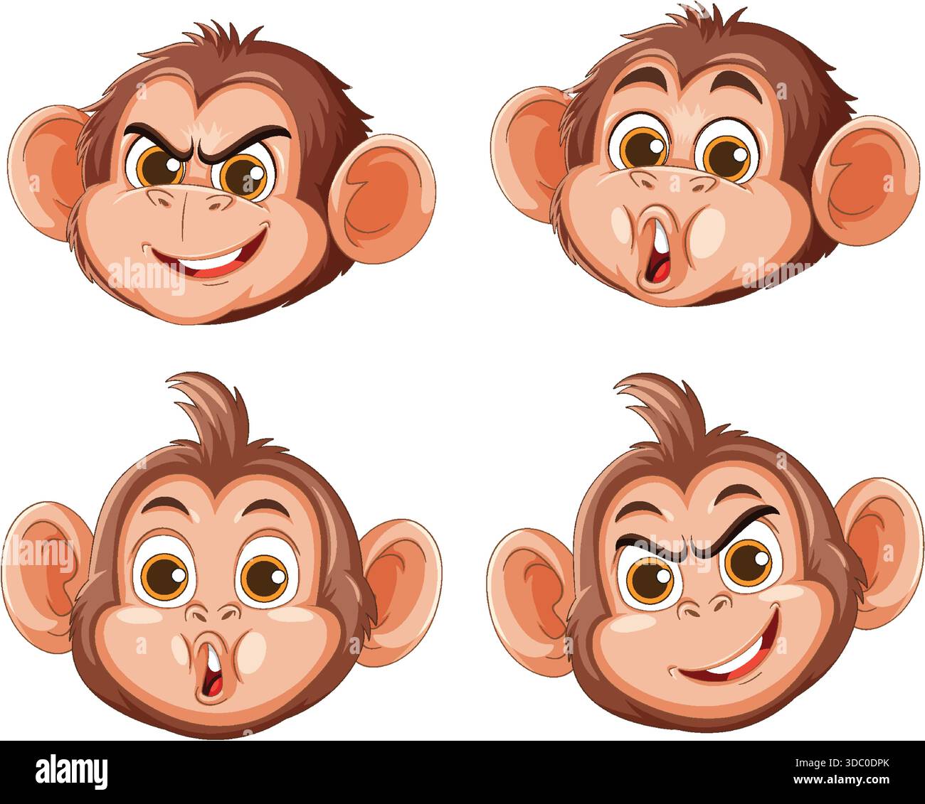 Illustrazione vettoriale di una testa di monkeyâs in quattro diverse espressioni di cartone animato, utilizzando contorni audaci, colori brillanti e uno sfondo bianco pulito e isolato Illustrazione Vettoriale