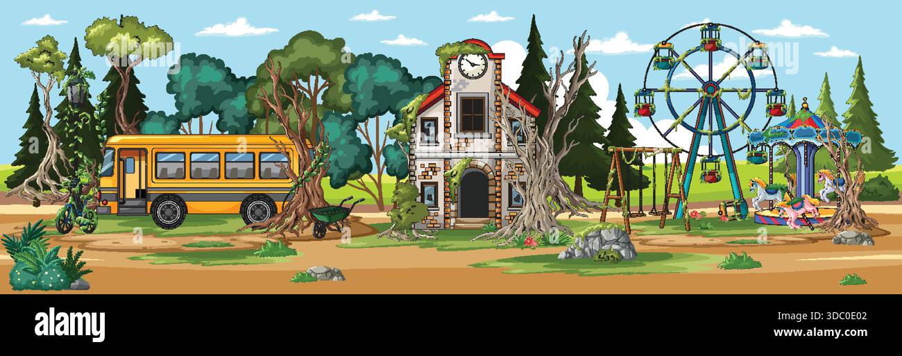 Ampio paesaggio di cartoni animati con un parco divertimenti deserto, scuolabus arrugginito e un edificio in rovina nella foresta Illustrazione Vettoriale