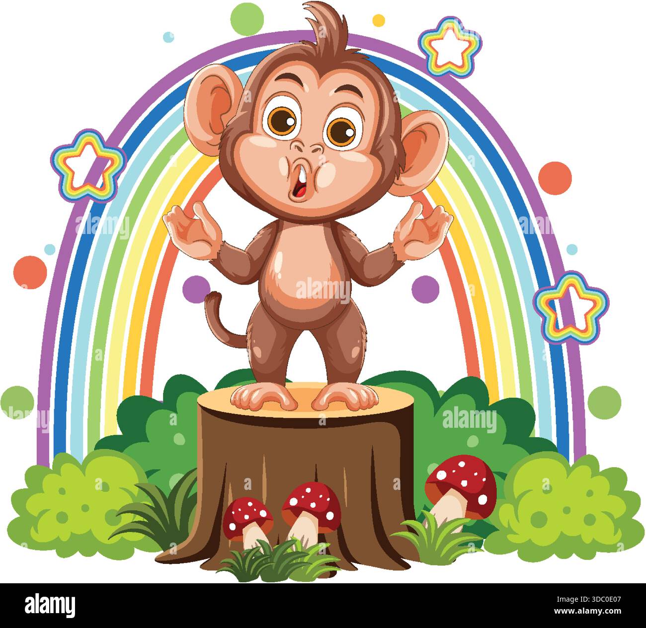 Simpatica scimmia cartoni animati su ceppo, sfondo arcobaleno colorato, stile vettoriale luminoso, composizione giocosa Illustrazione Vettoriale
