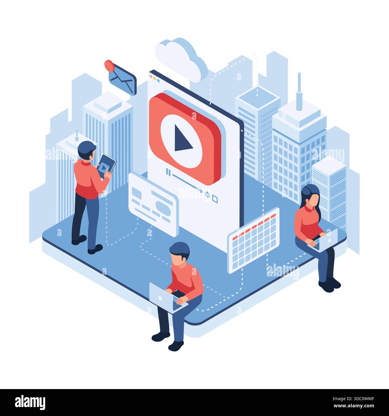 Modello di servizio di abbonamento isometrico con utenti e contenuti video. Concetto del modello di servizio in abbonamento Illustrazione Vettoriale