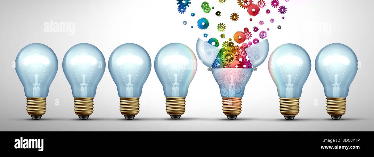 Imprenditorialità creativa e immaginazione come innovazione aziendale, trasformando idee e pensiero visivo in concetti originali attraverso strategie o problemi Foto Stock