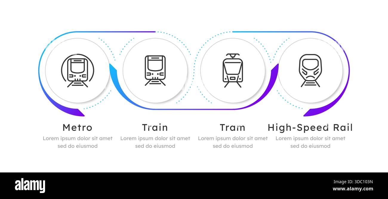 Infografica sui trasporti pubblici ferroviari, blu gradiente orizzontale, 4 gradini Illustrazione Vettoriale