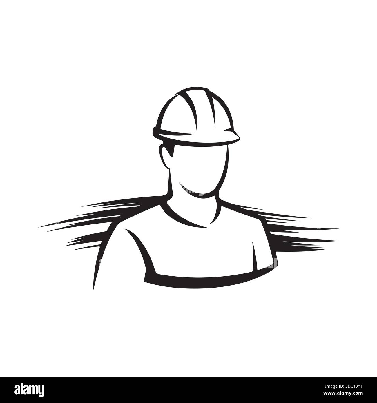 Un semplice disegno in bianco e nero raffigura un operaio edile sorridente che indossa un casco di sicurezza che mostra un volto amichevole Illustrazione Vettoriale