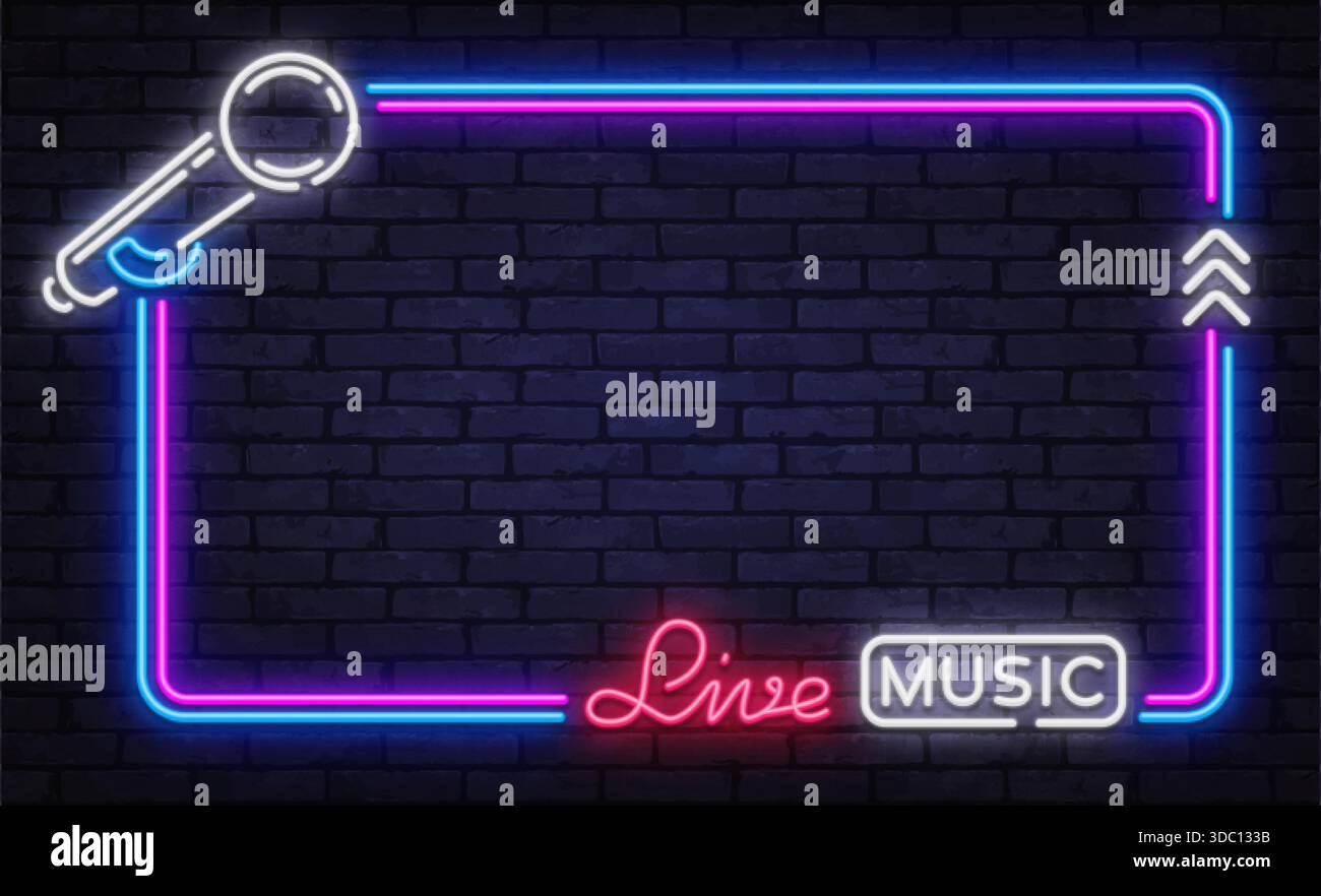 Moderna cornice vettoriale al neon con testo musicale dal vivo, icona del microfono e frecce dinamiche. Ideale per annunci di concerti, volantini per club e branding sul palco. Illustrazione Vettoriale