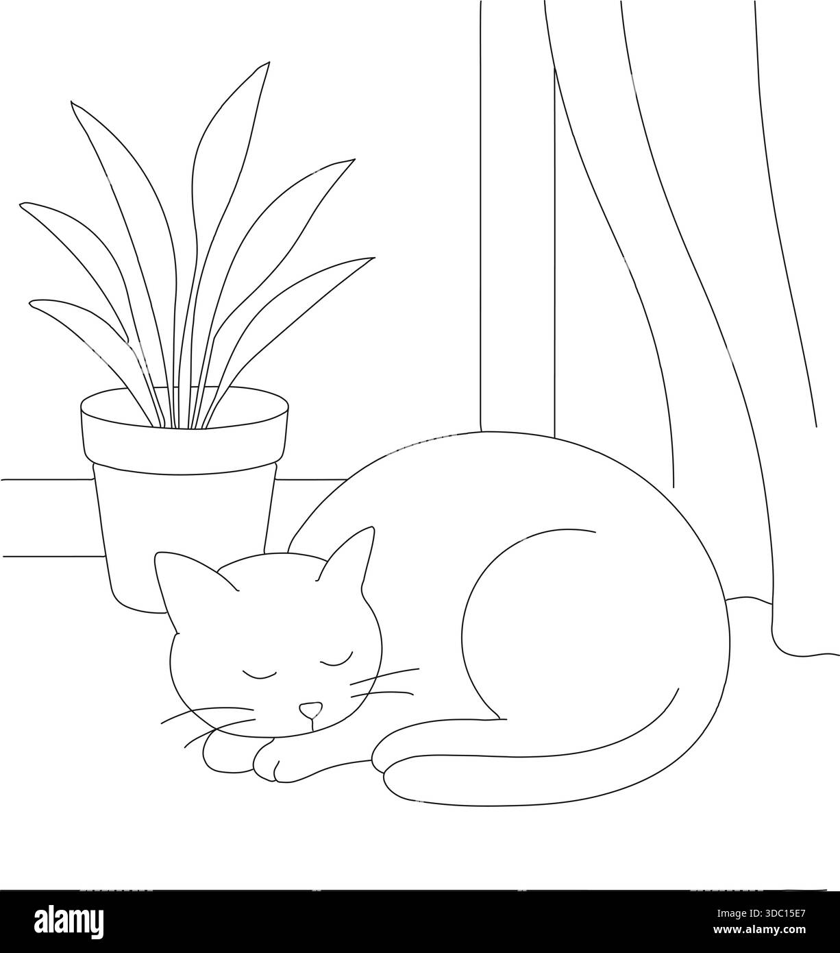 Linea calma disegnata di un gatto addormentato vicino a una pianta in vaso accanto a tende che scorrono Illustrazione Vettoriale