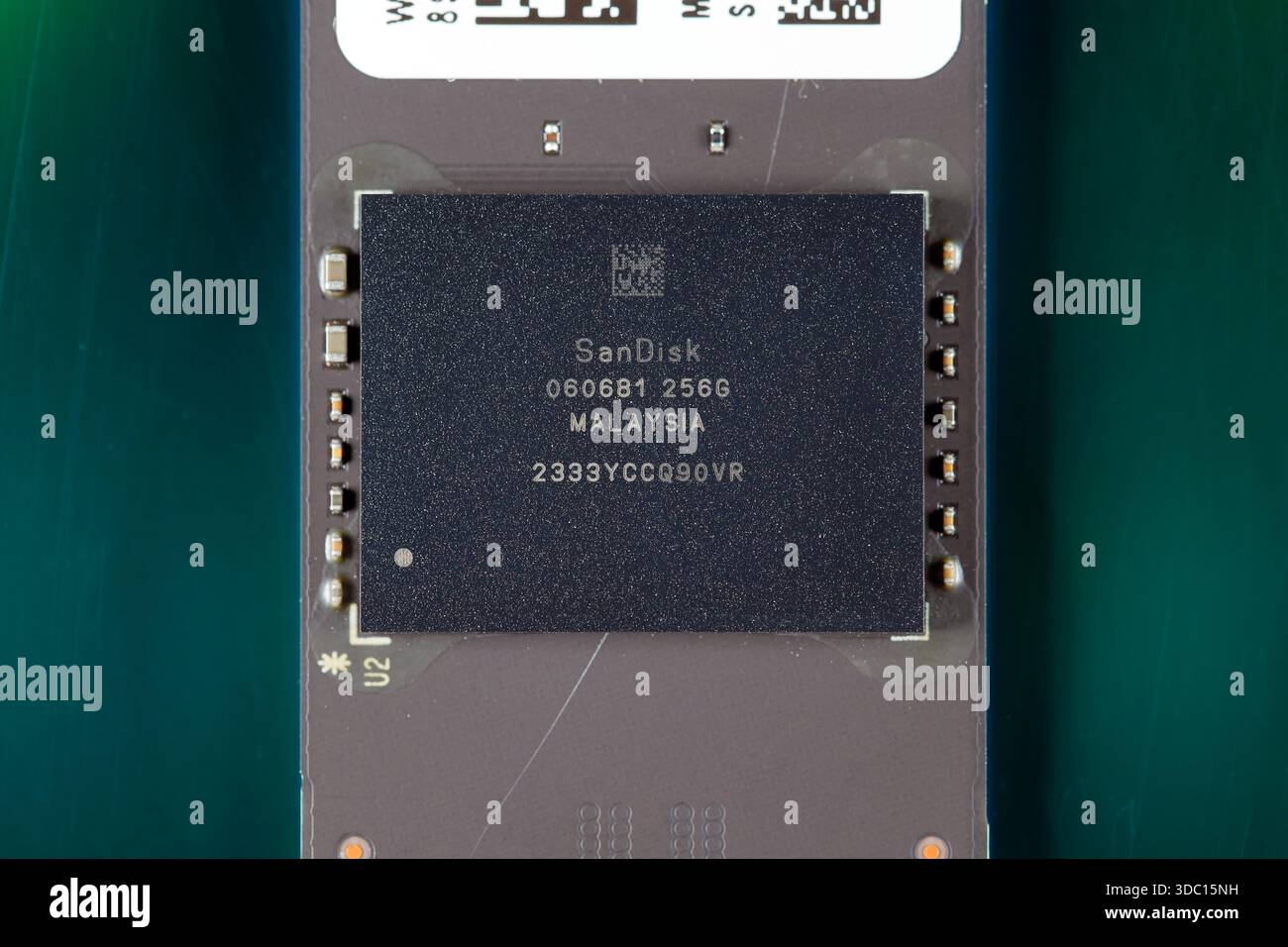 Primo piano, immagine macro di un chip di memoria flash DRAM SanDisk da 060681 256 GB su un'unità SSD NVMe Foto Stock
