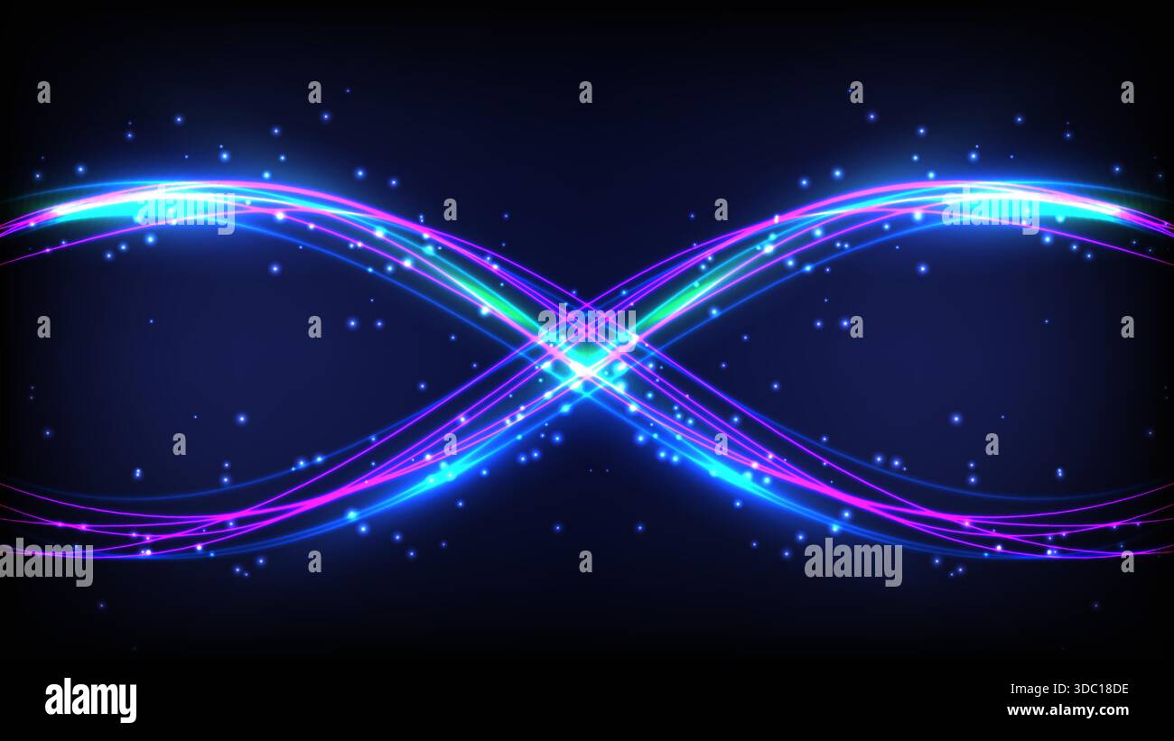 vivace loop simmetrico a infinito di fluide tracce di luce al neon in blu elettrico e magenta su sfondo scuro. design futuristico energia dinamica e m Illustrazione Vettoriale