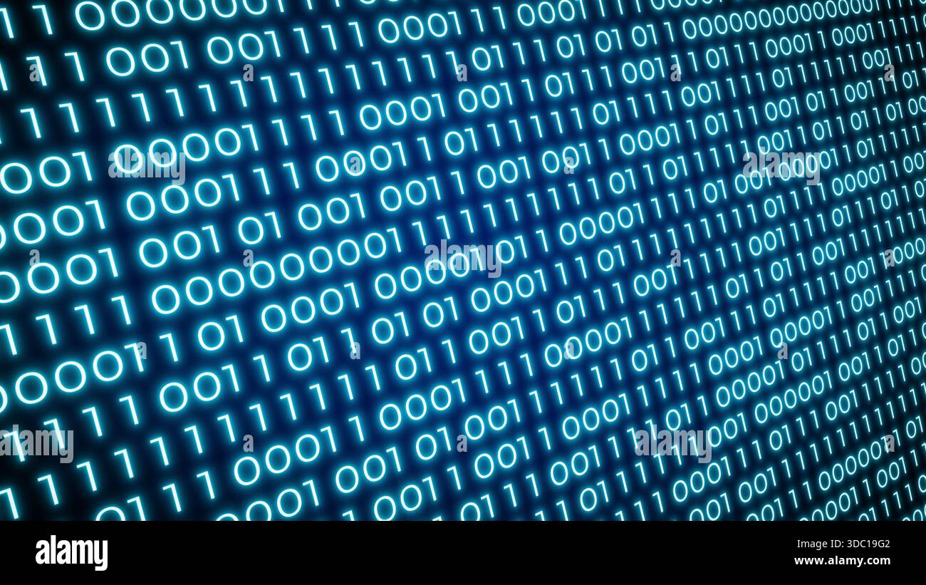 Flusso di codici binari blu brillante per dati digitali e background della tecnologia informatica Foto Stock