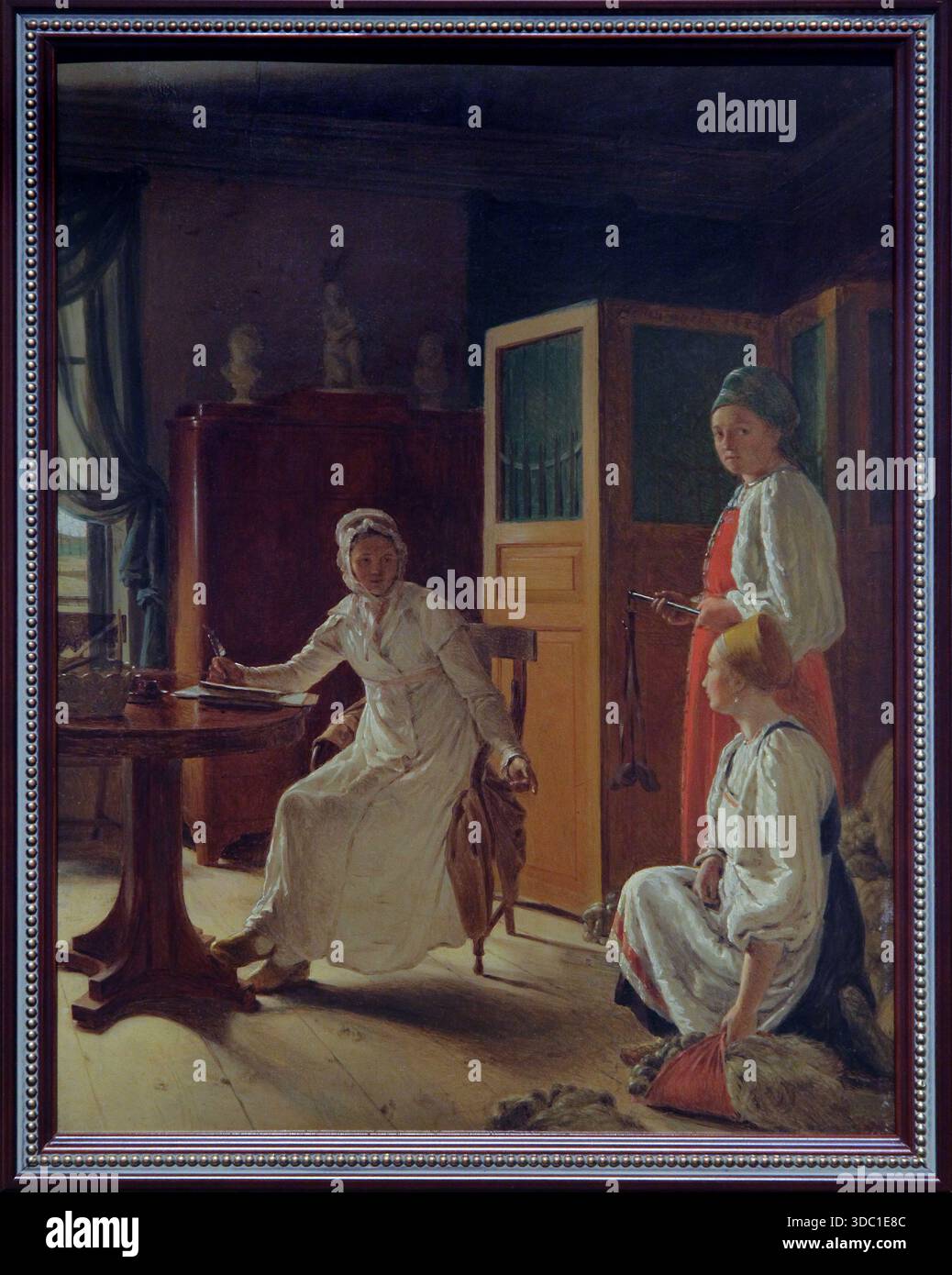 Morning of the Lady of the Manor (1823), un influente dipinto di genere dell'artista russo Alexei Venetsianov, raffigurante una scena interna domestica in cui una nobildonna incontra i suoi servi contadini in una casa padronale rurale durante l'era romantica. Foto Stock