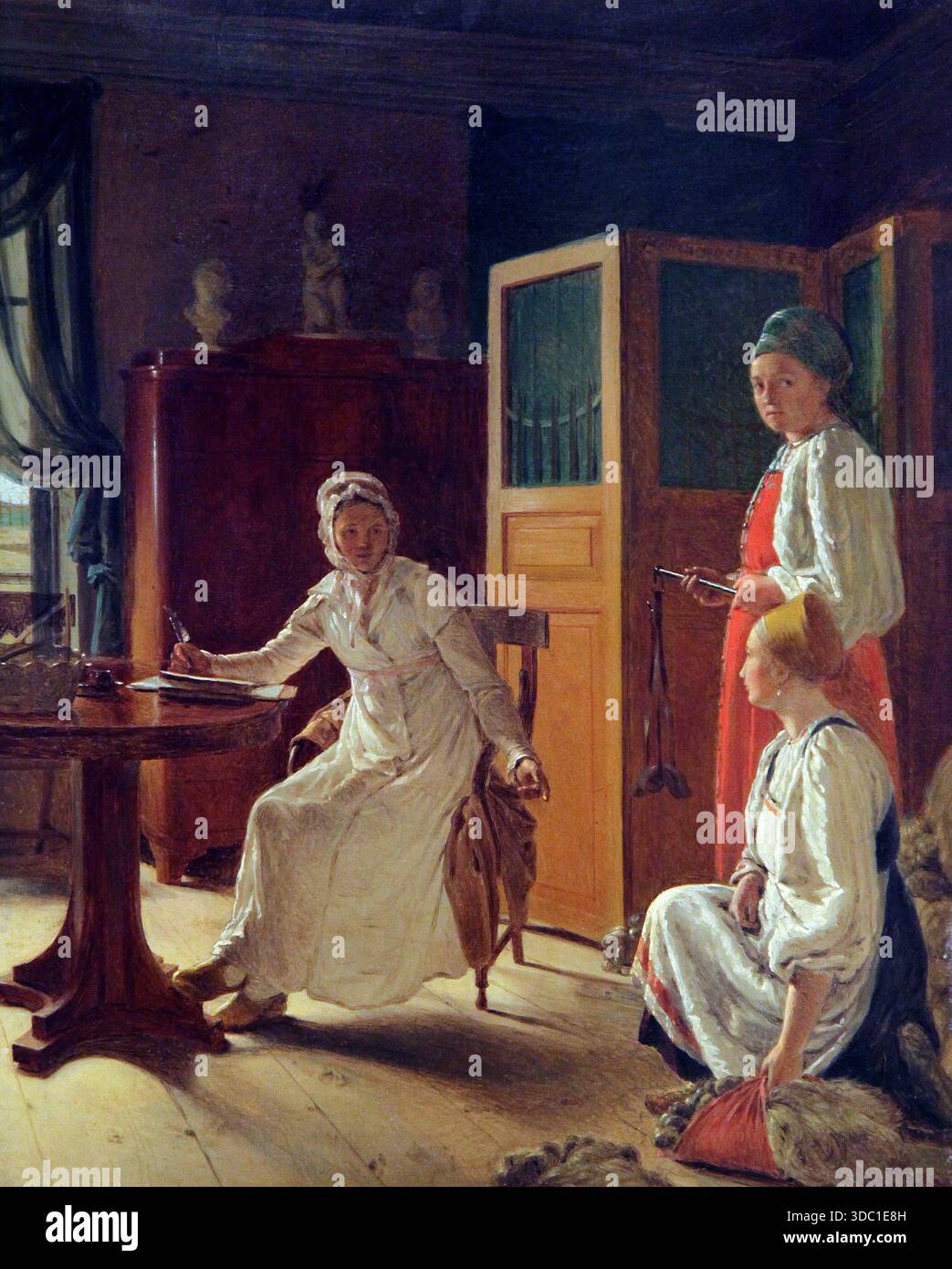 Morning of the Lady of the Manor (1823), un influente dipinto di genere dell'artista russo Alexei Venetsianov, raffigurante una scena interna domestica in cui una nobildonna incontra i suoi servi contadini in una casa padronale rurale durante l'era romantica. Foto Stock