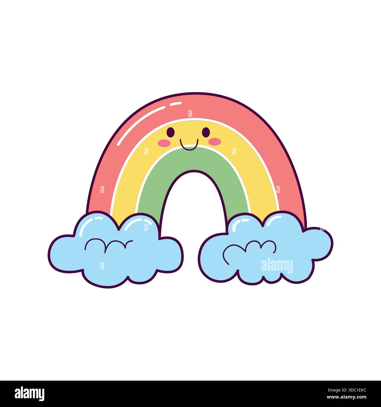 Grazioso arcobaleno con illustrazione delle nuvole in stile kawaii disegnato a mano Illustrazione Vettoriale