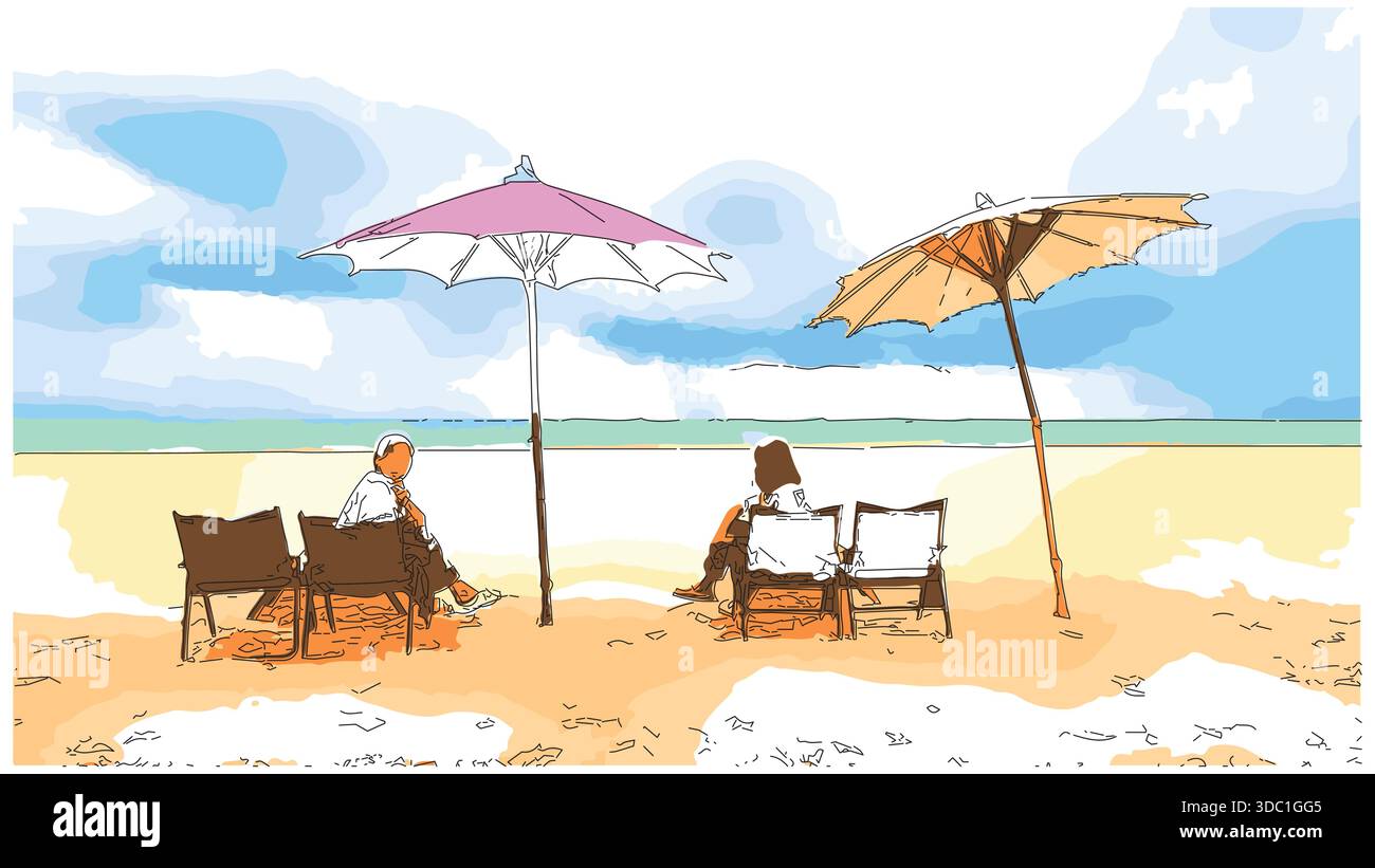 Pittura impressionista in stile schizzo, amici che si rilassano sulle sdraio, immagine vettoriale dell'illustrazione digitale Illustrazione Vettoriale