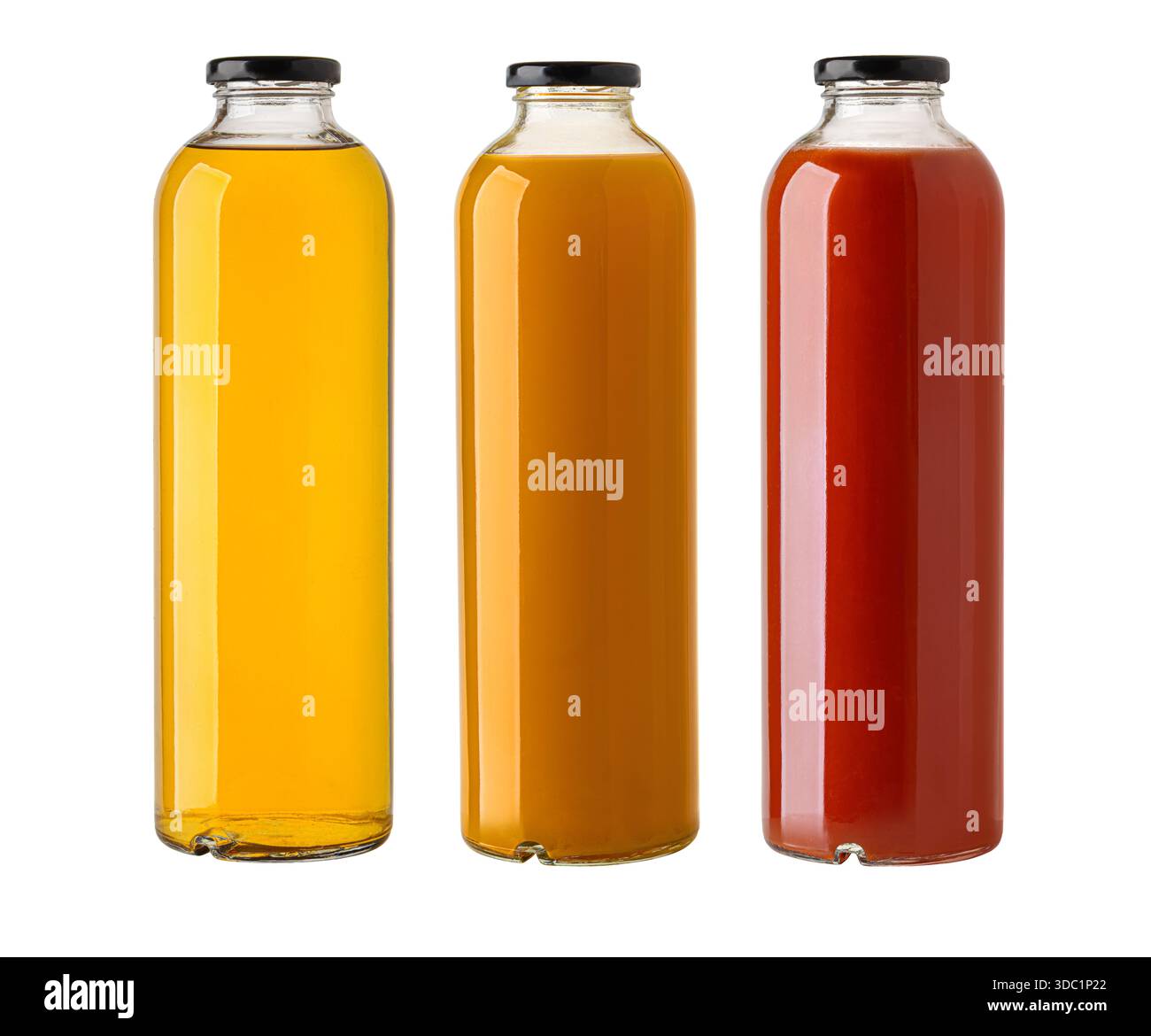 Bottiglie di succo di frutta fresca, bevande biologiche sane su sfondo trasparente Foto Stock