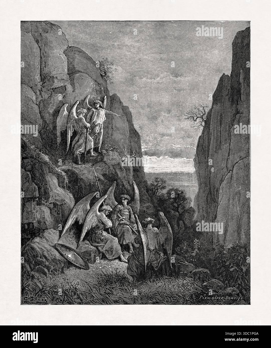 Incisione in bianco e nero di Gustave Doré che raffigura Uriel che torna alla sua carica, illustrando una scena del poema epico di John Milton Paradise Lost. Foto Stock