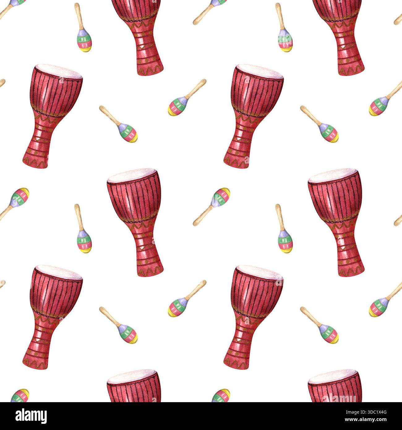 Tamburo djembe con due agitatori di maraca colorati illustrazione acquerello sfondo isolato. Strumenti tradizionali latini e caraibici a percussione Foto Stock