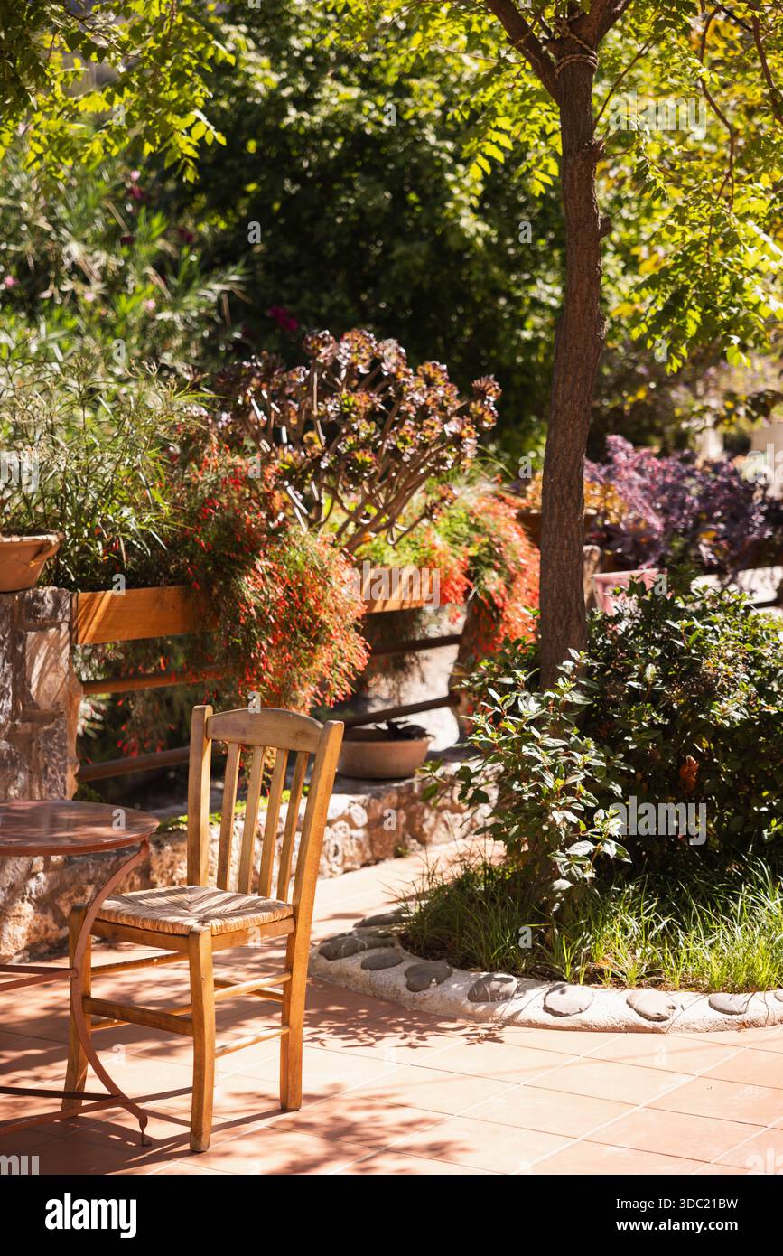 Sedia rustica in legno in giardino mediterraneo ombreggiato con vasi di terracotta e piante lussureggianti, Creta Grecia. Tranquillo giardino greco. Foto Stock