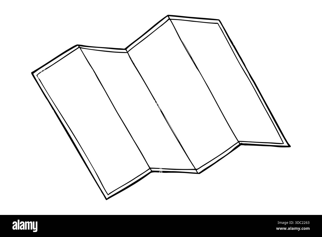 Foglio bianco di carta piegato in quattro parti immagine isolata dal vettore. Pulire lo schizzo a inchiostro nero della linea del modello per creare le guide di viaggio Illustrazione Vettoriale