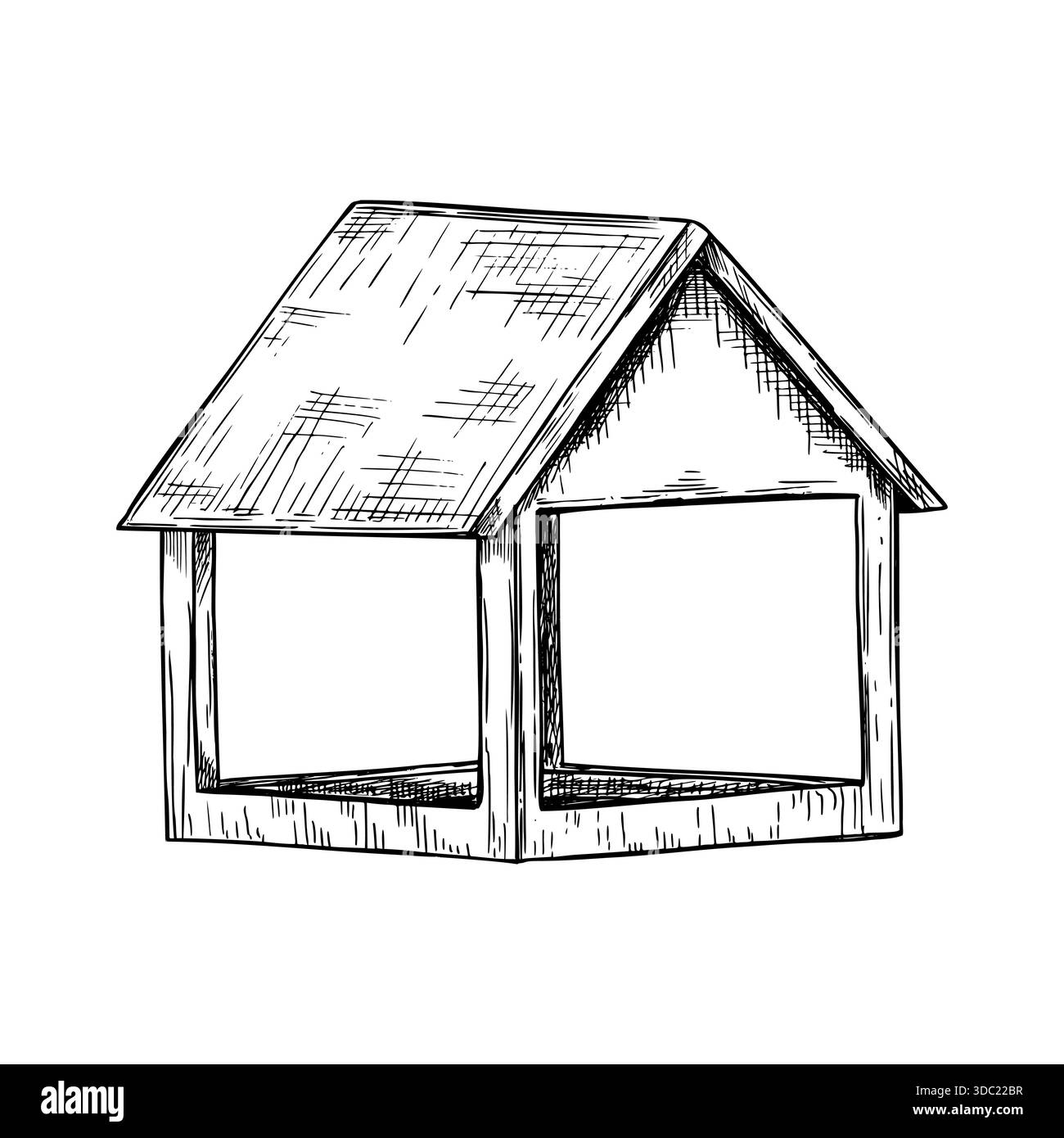 Classica illustrazione vettoriale in legno dell'alimentatore per uccelli dipinta con inchiostri neri. Elemento per nutrire uccelli e animali in inverno. Per progetti ecocompatibili Illustrazione Vettoriale